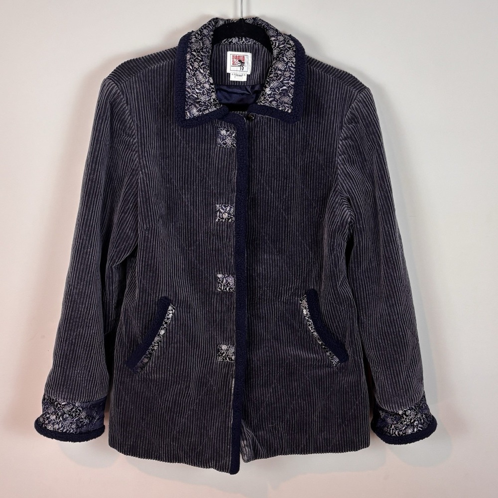 Women's Blue Corduroy Jacket Floral Contrasting Hem & Cuff size Small Boho Indie